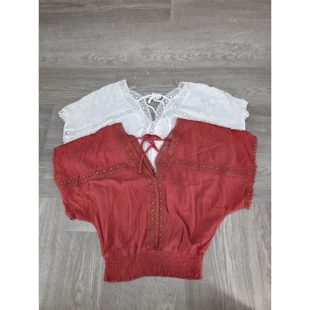Lot of 2 Self Esteem Juniors Dolman Tops XS White & Coral Embroidered Blouse